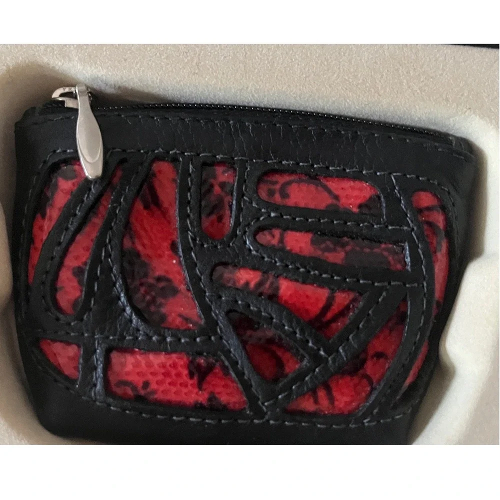 Renzo Costa Leather Gift Set Coin Purse & Key Fob Boxed Black Red Laser Cut Peru